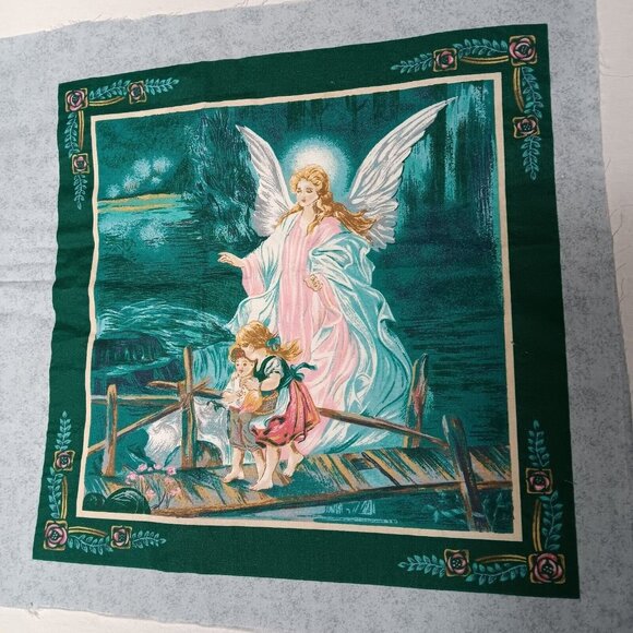 Guardian Angel Fabric Panel Quilt Square Pair 2 Green Children Craft Sewing Sew - Picture 2 of 6